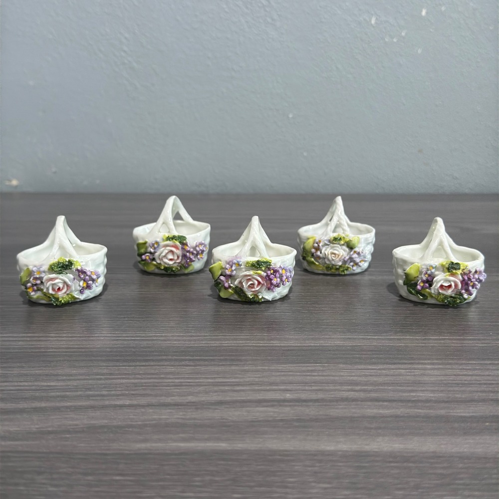 Vintage‎ Germany Miniature Porcelain Floral Baskets Set of 5 Rose Forget-Me-Not